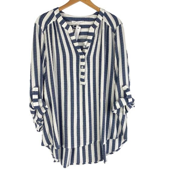 Jane and Delancey Tops - Jane and Delancey Nautical Striped Tunic Top 1X Blue White Gauzy Roll Tab Sleeve